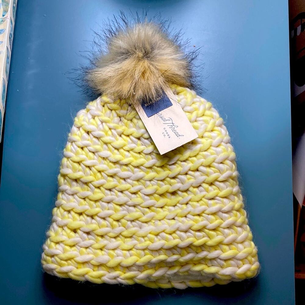 Universal Thread Hand Knit Beanie Yellow and Cream